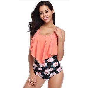 MARINAVIDA Orange Ruffled Racerback Tankini w/ Floral High Waisted Bottom (XL)